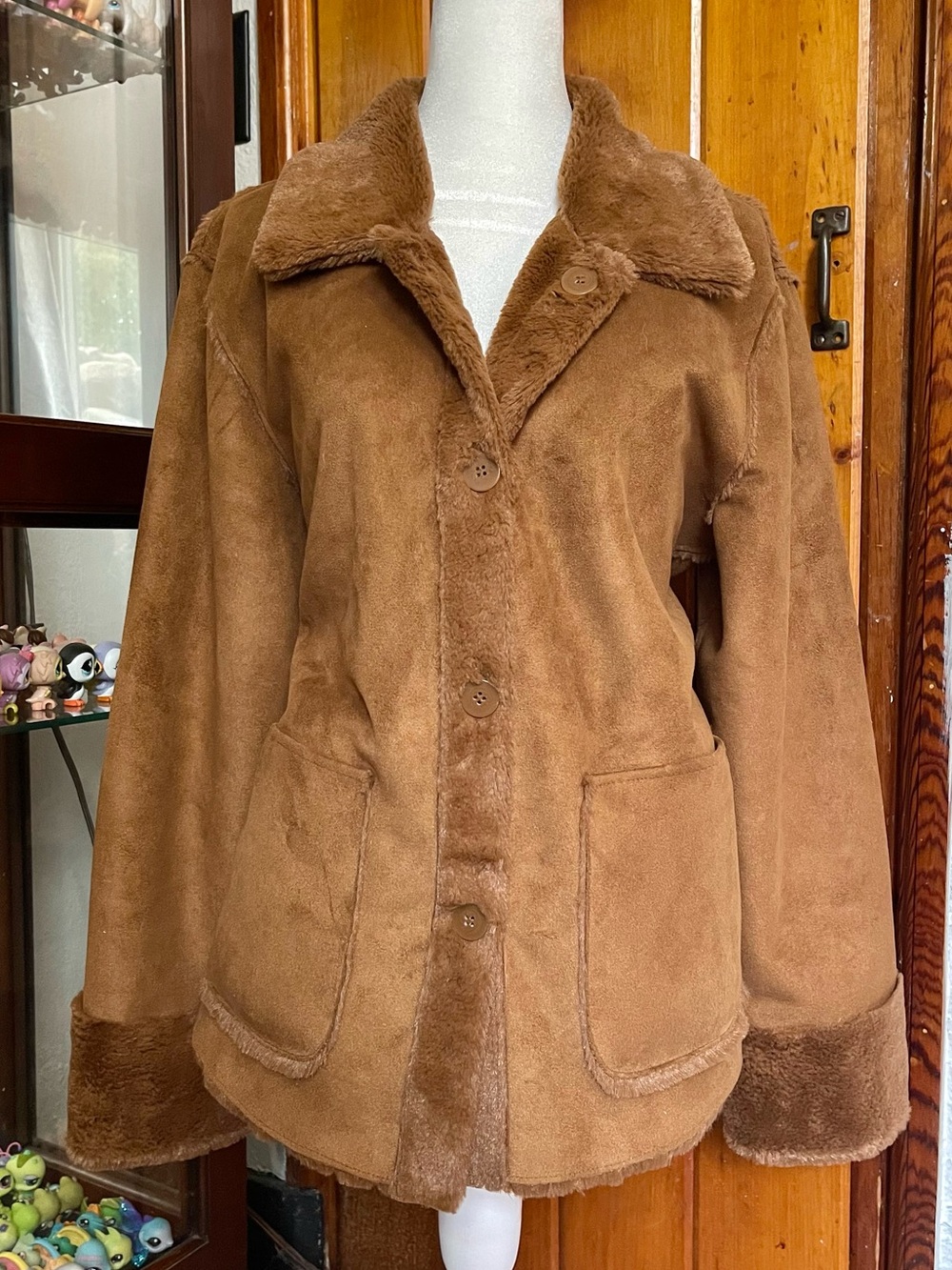 Brown Faux Fur Button Up Jacket Coat Size S-M